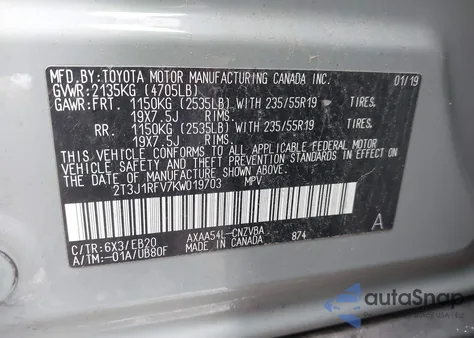 2019 Toyota Rav4 Adventure z USA, uszkodzony, nr VIN 2T3J1RFV7KW019703